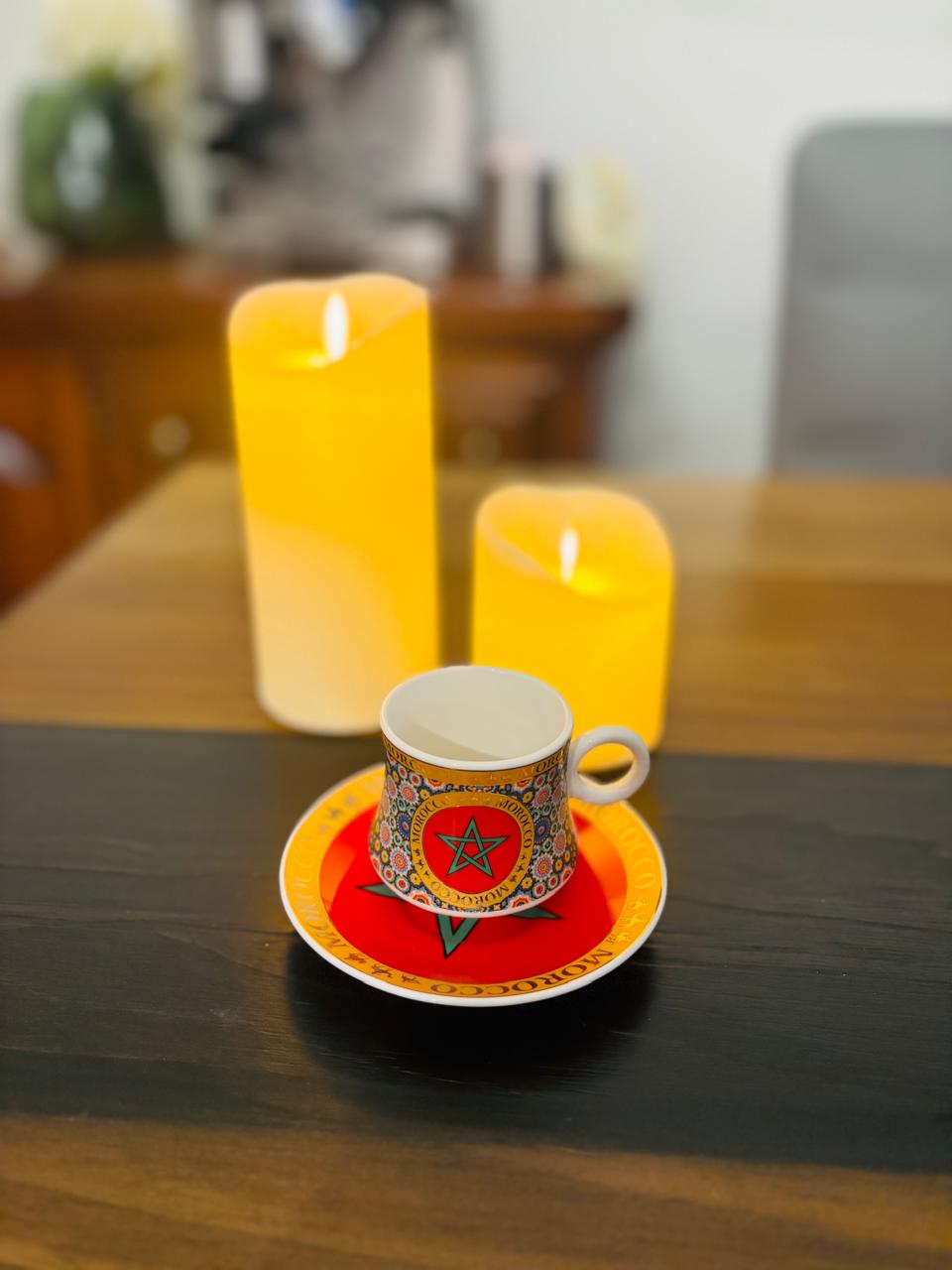 Atlas Maple Morocco Espresso Set featuring a ceramic espresso cup and saucer with intricate Moroccan-inspired patterns.