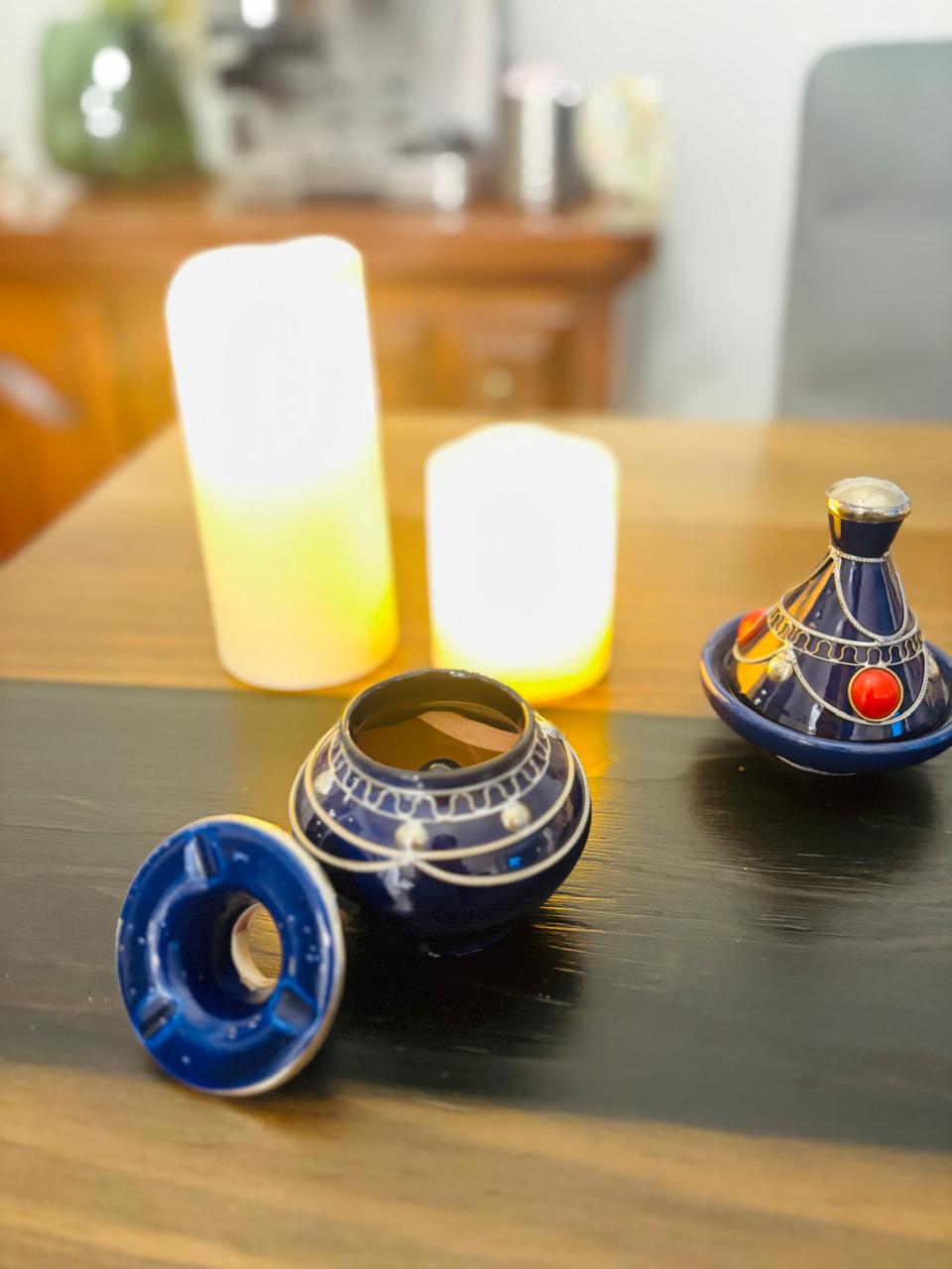 Atlas Maple Kasbah Table Ashtray with intricate design and ceramic finish, placed on a wooden surface.