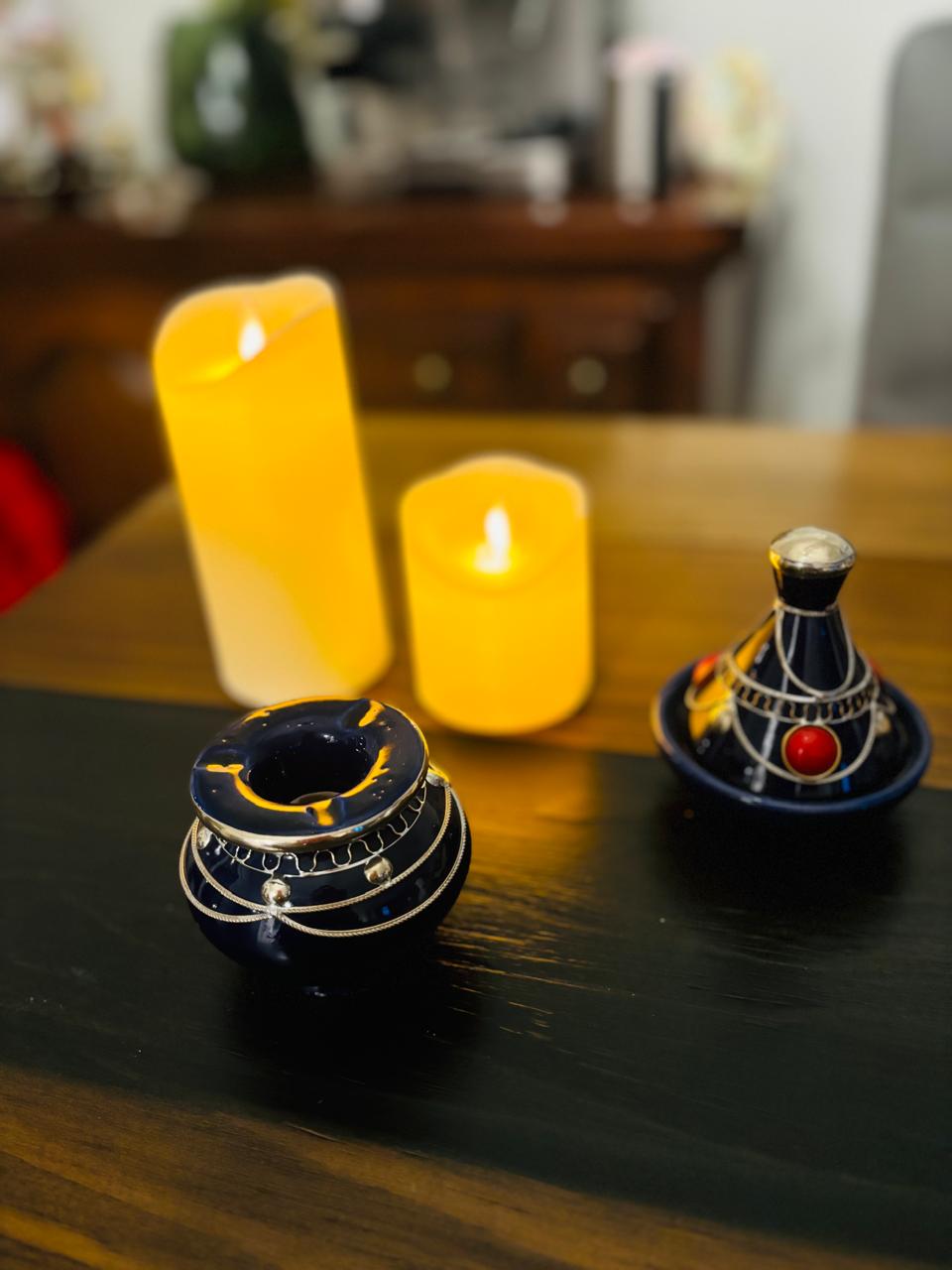 Atlas Maple Kasbah Table Ashtray with blue ceramic finish, featuring a round design and smooth surface.
